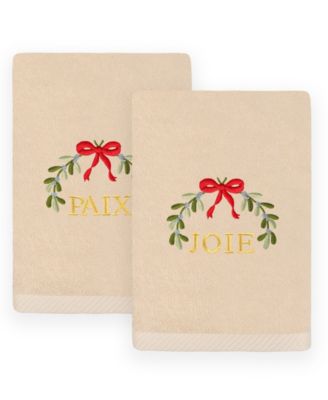 Christmas Mistletoe Paix Joie Embroidered Luxury 100% Turkish Cotton Hand Towels, 2 Piece Set