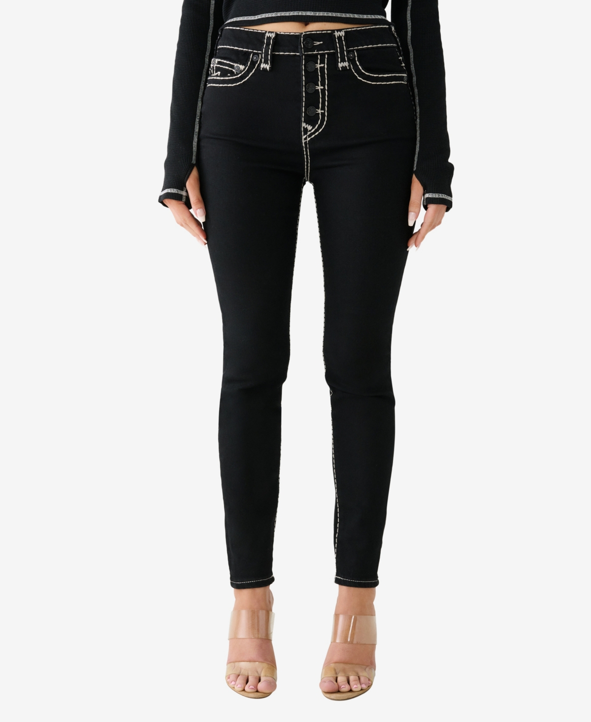 True Religion Women's Halle Super T Exposed Button Skinny Jeans In Body Rinse Black