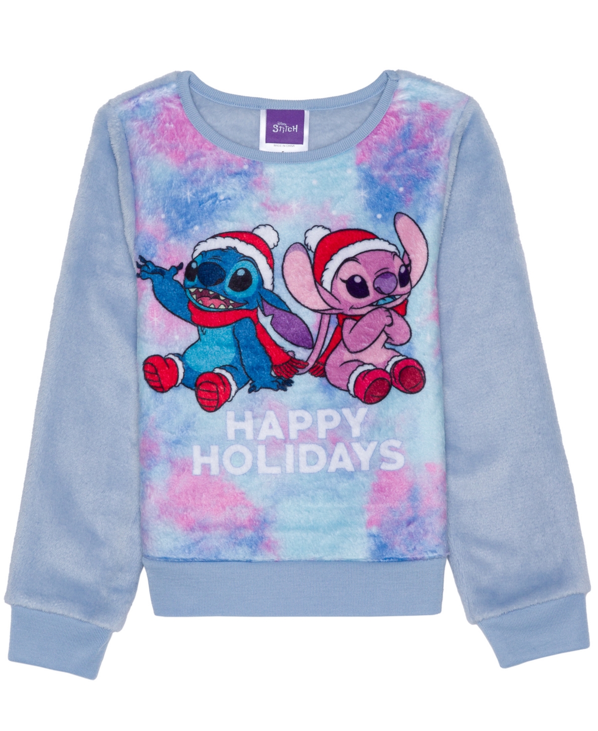 Shop Disney Little Girls Stitch Happy Holidays Long Sleeve Plush Pullover Sweatshirt In Blue