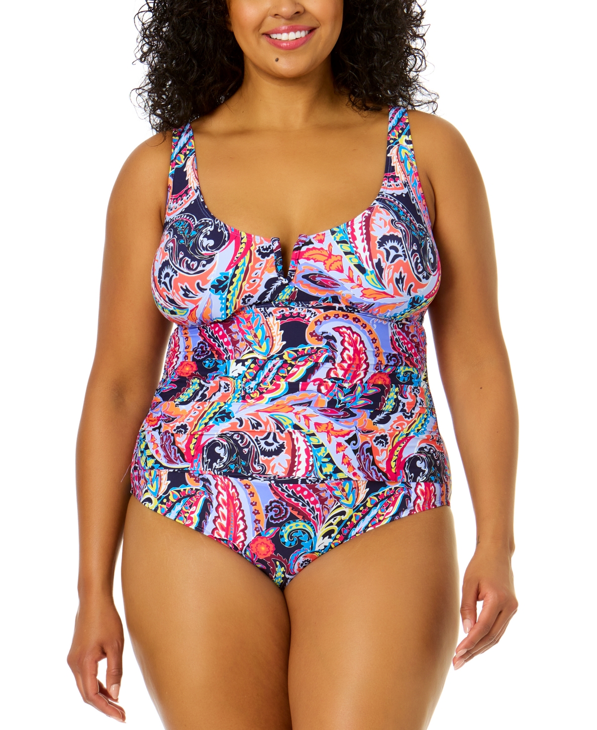 Plus Size Notched Scoop-Neck One-Piece Swimsuit - Paisley Parade