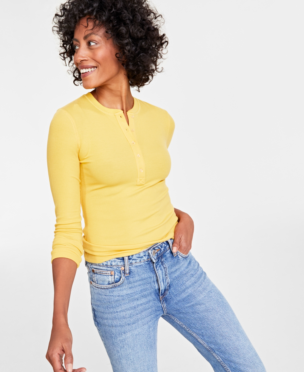 On 34th Women's Ribbed Long-sleeve Henley Top, Created For Macy's In Spicy Mustard