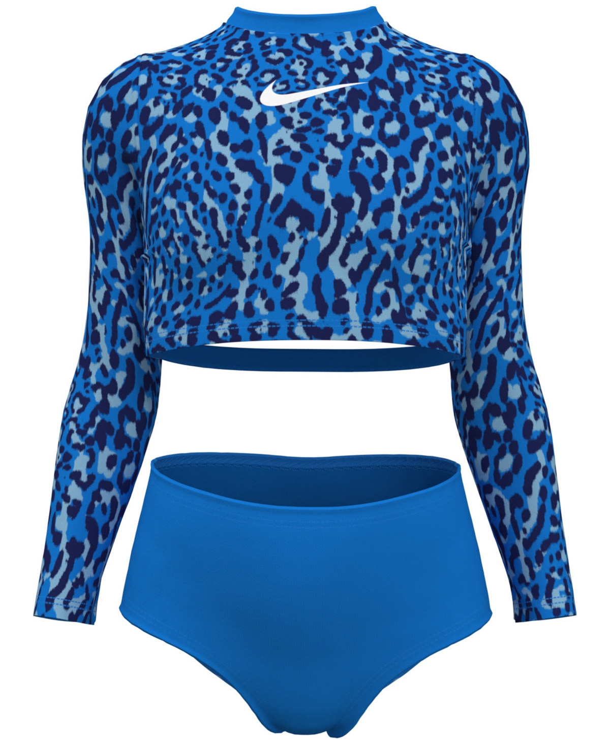 Nike Kids' Big Girls Wild Long Sleeve Crop Top And High-waist Swim Bottoms, 2 Piece Set In Photo Blue