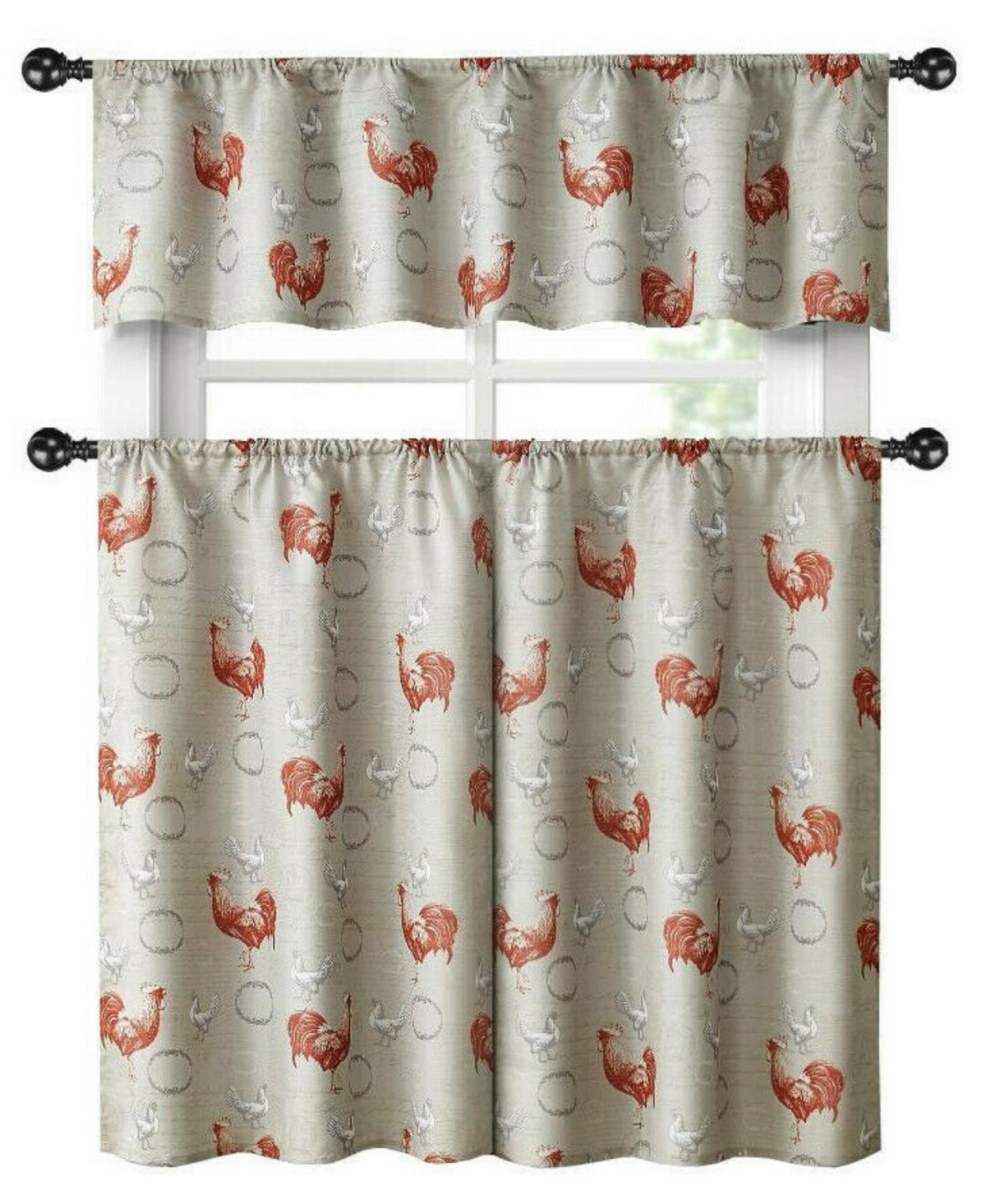 Living Country Farmhouse Red Rooster Barn 3 Piece Kitchen Curtain Tier & Valance Set - Beige
