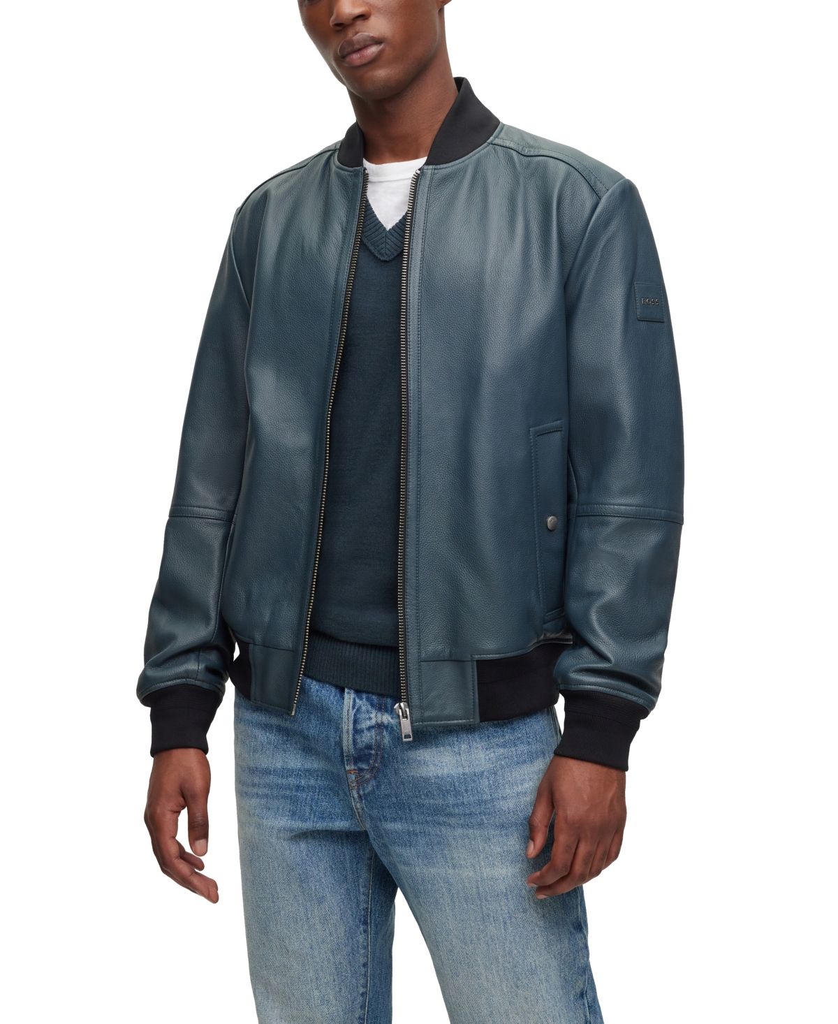 Hugo boss navy leather jacket online