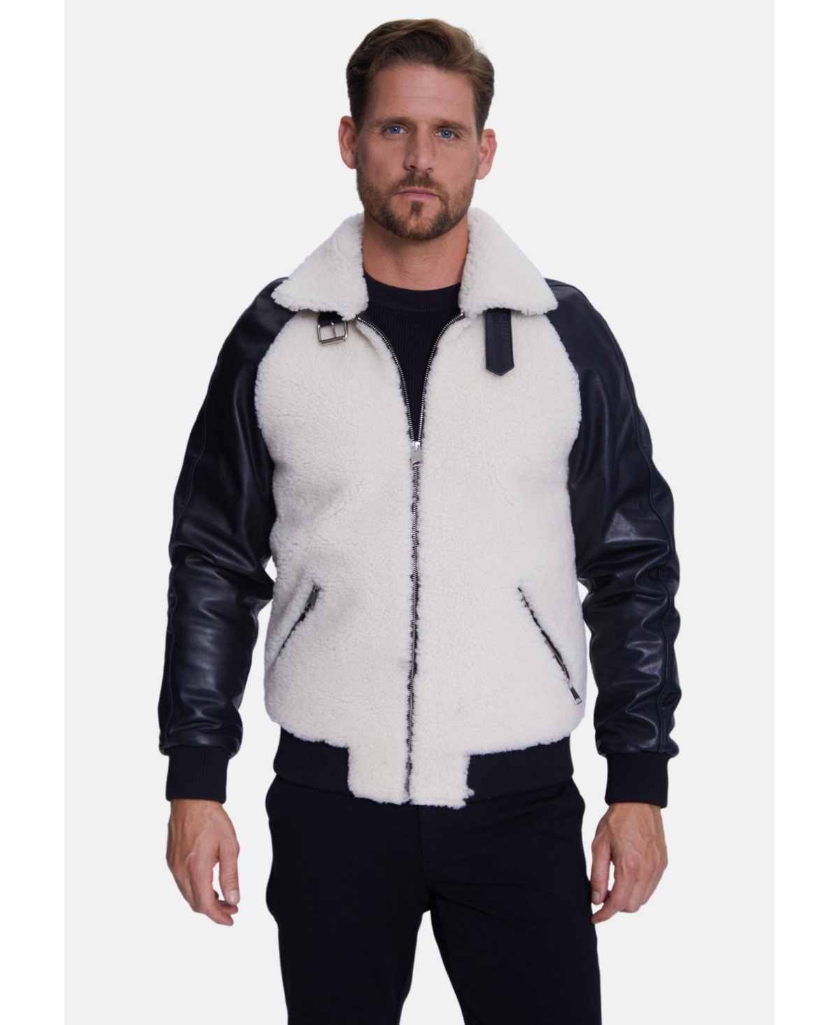 Men's Shearling Jacket, Silky Black With White Curly Wool - Black