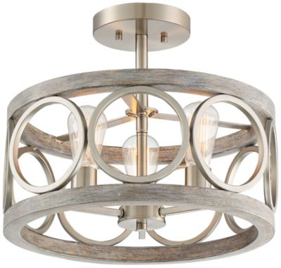 Semi Flush Mount 16" Wide Brushed Nickel Gray Wood 3-Light LED Salima Rustic Farmhouse Ceiling Light