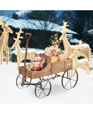 Wooden Wagon Plant Bed with Metal Wheels for Garden Yard Patio