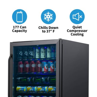 24" Built-in 177 Can Beverage Fridge in Black Stainless Steel with Precision Temperature Controls and Adjustable Shelves