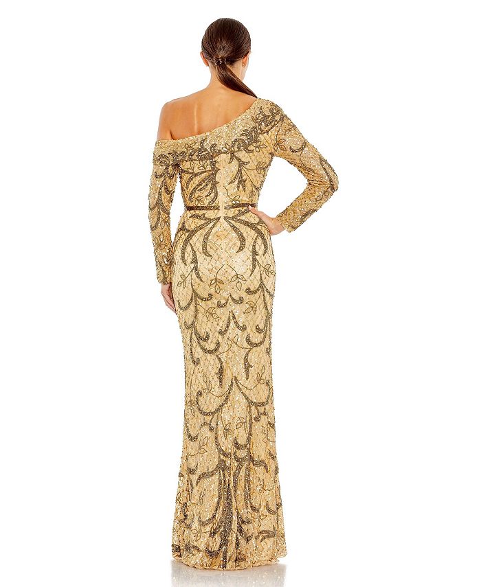 Mac Duggal Women's Embellished One Shoulder Long Sleeve Faux Wrap Gown ...