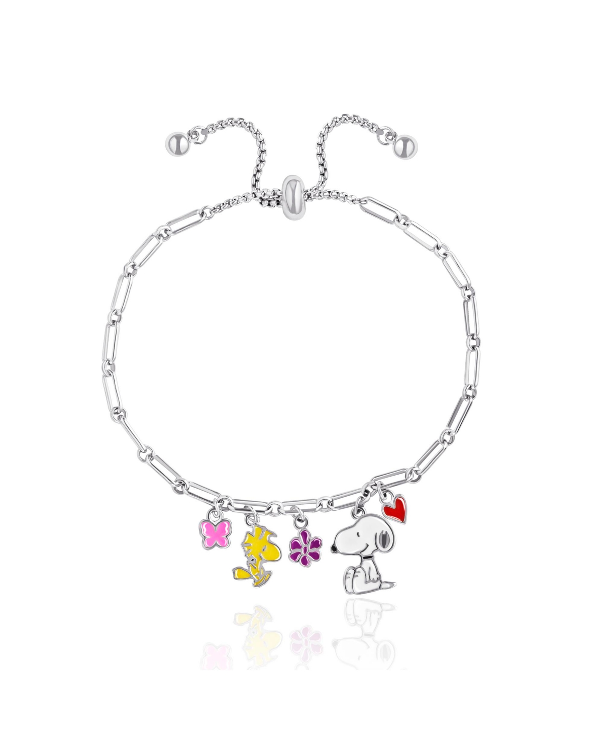 Snoopy Enamel Charm Woodstock, Flowers, Heart Lariat Paper Clip Chain Bracelet - Silver
