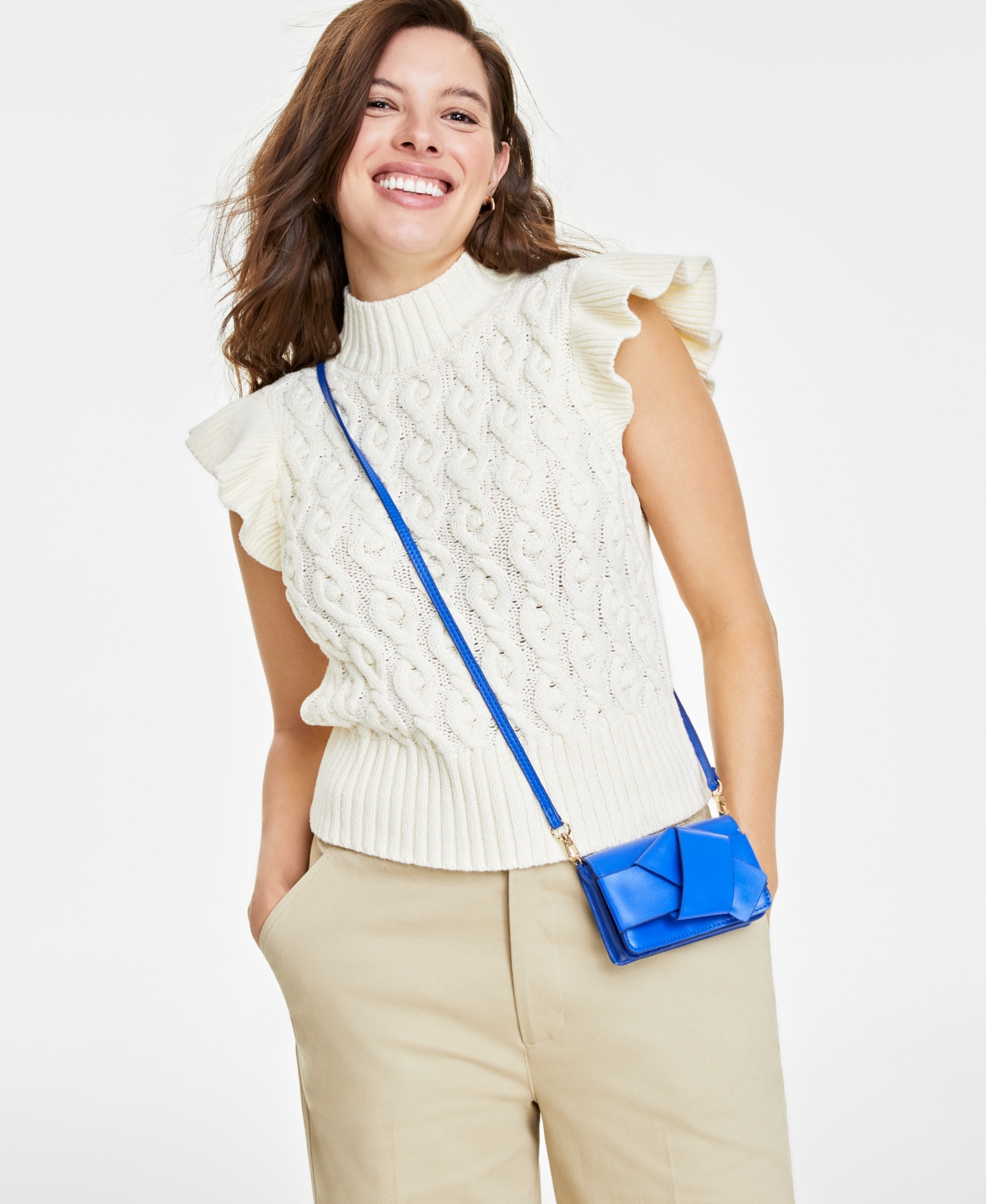 On 34th Women's Flutter-sleeve Cable-knit Sweater, Created For Macy's In Alabaster