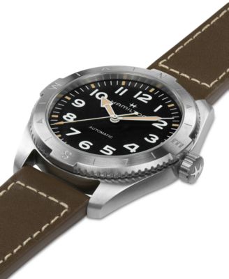 Men's Swiss Automatic Khaki Field Expedition Green Leather Strap Watch 41mm