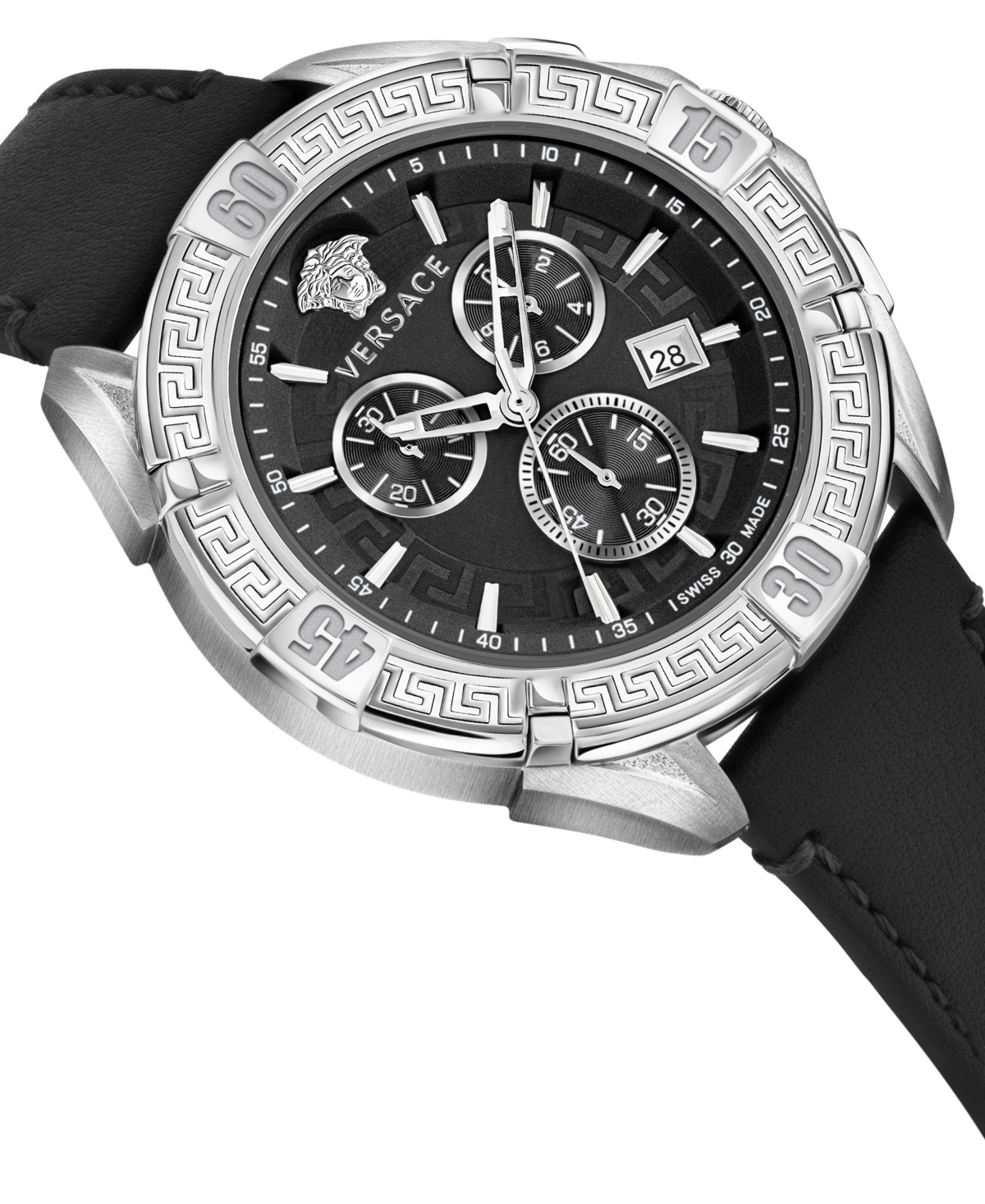 Shop Versace Men's Swiss Chronograph V-greca Black Leather Strap Watch 46mm In Stainless Steel