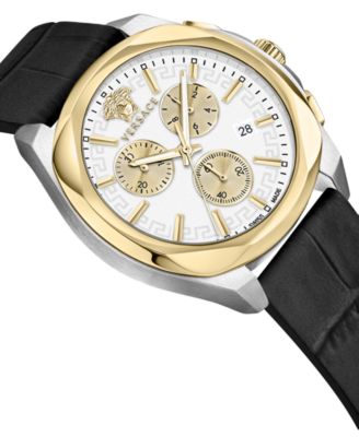 Women's Swiss Chronograph Medusa Black Leather Strap Watch 40mm