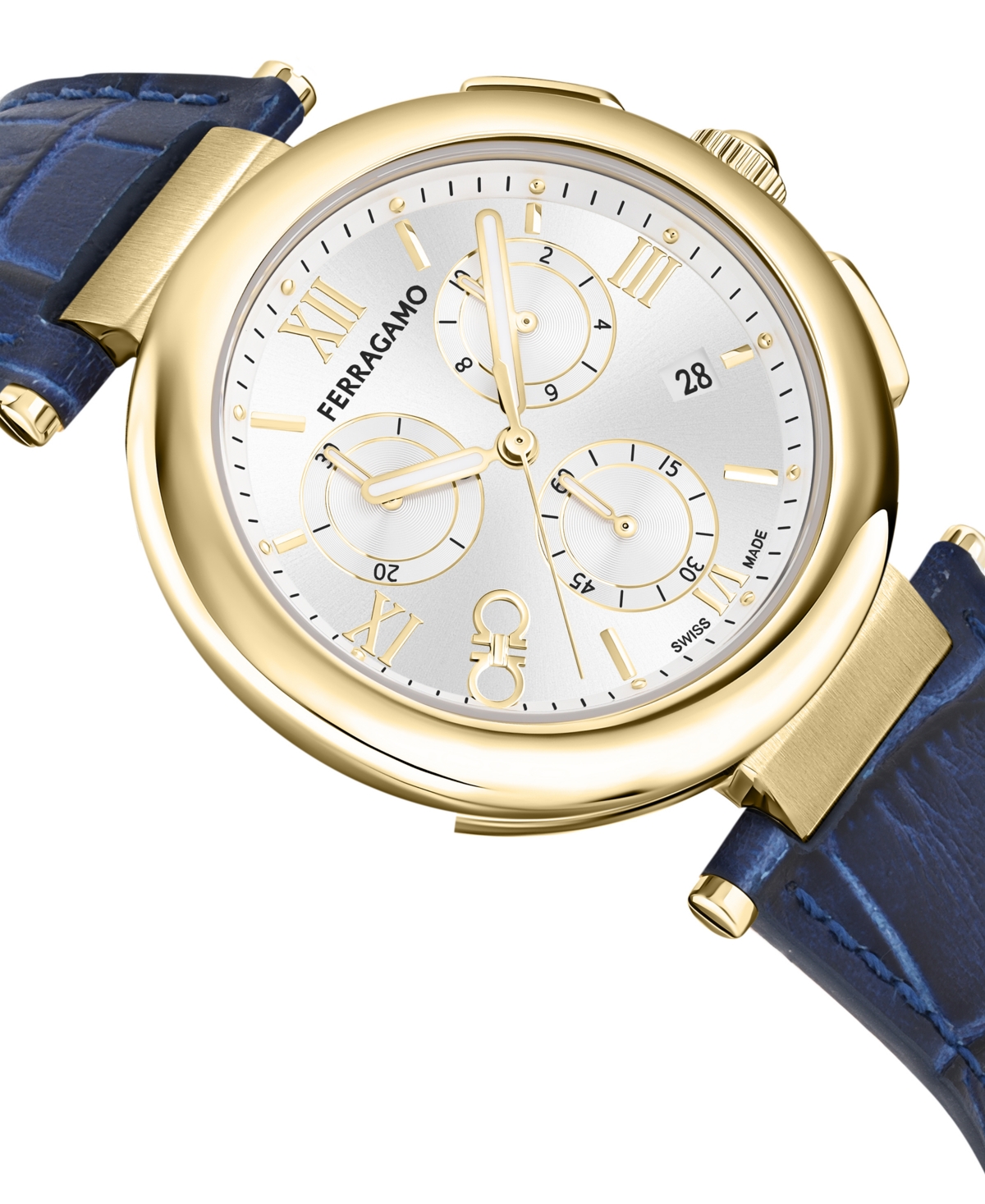 Shop Ferragamo Salvatore  Women's Swiss Chronograph Legacy Blue Leather Strap Watch 40mm In Ip Yellow Gold
