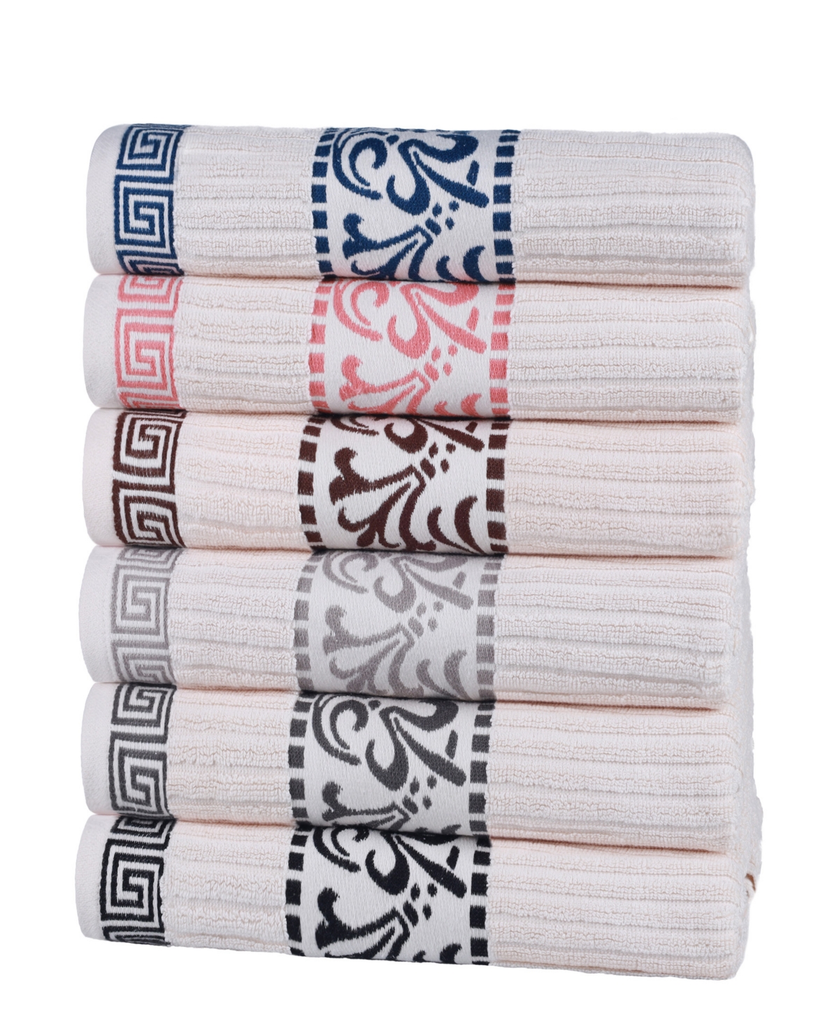 Superior Athens Cotton with Greek Scroll and Floral Pattern, 4 Piece - Ivory-Navy