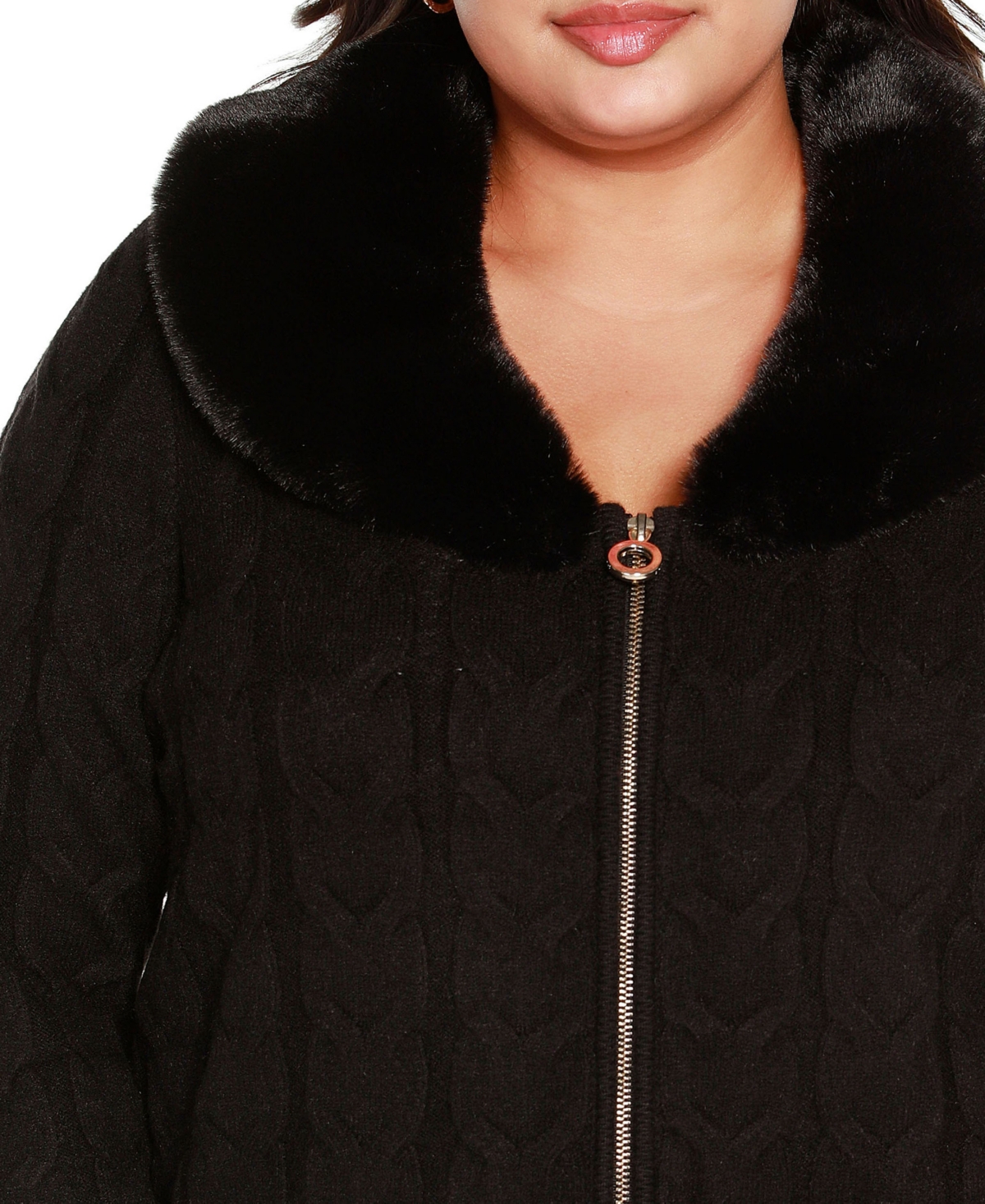 BelldiniLabel Plus Size Faux Fur Collared Cable Cardigan Sweater - Black