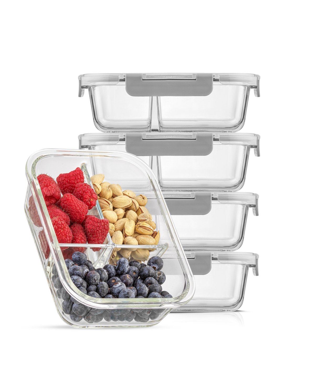 Joyjolt Glass Meal Prep Containers 3-compartments, Set Of 5 In Clear,gray