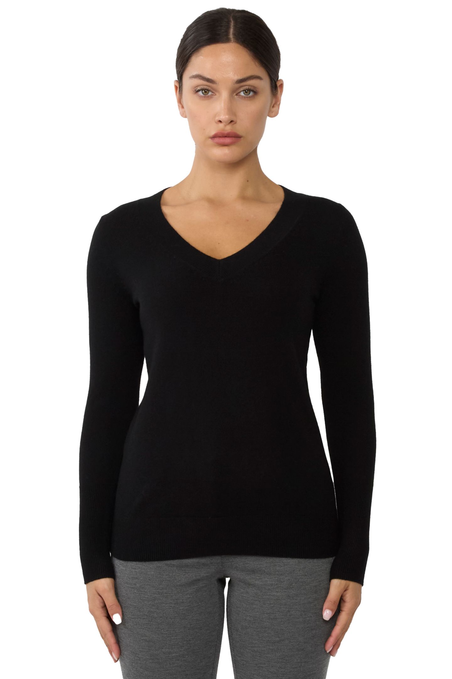Женский свитер JENNIE LIU 100% Pure Cashmere Long Sleeve Ava V Neck Pullover, цвет: Чёрный — фото 1