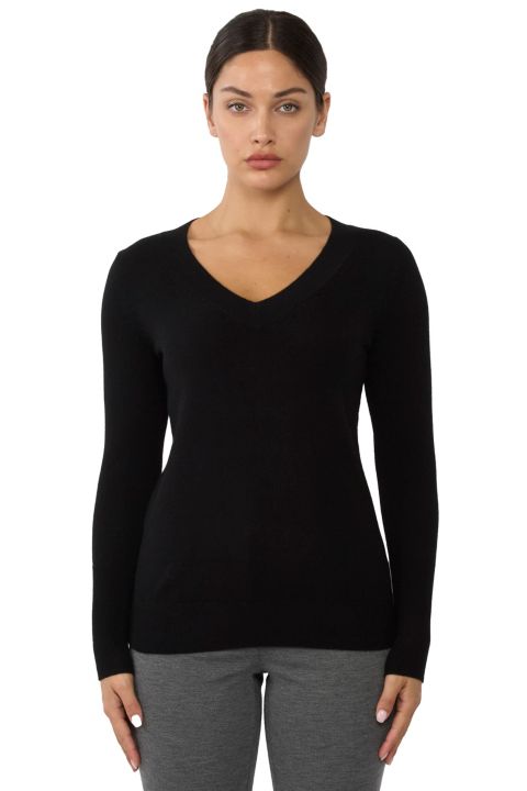 Женский свитер JENNIE LIU 100% Pure Cashmere Long Sleeve Ava V Neck Pullover, цвет: Чёрный