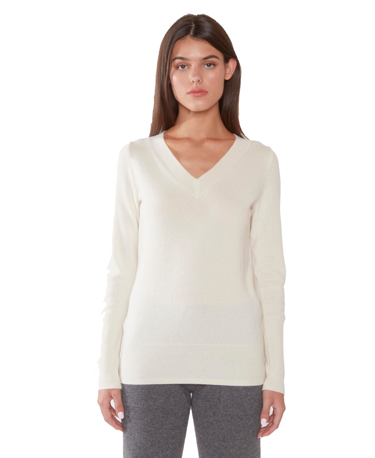 Women's 100% Pure Cashmere Long Sleeve Ava V Neck Pullover Sweater - Cream