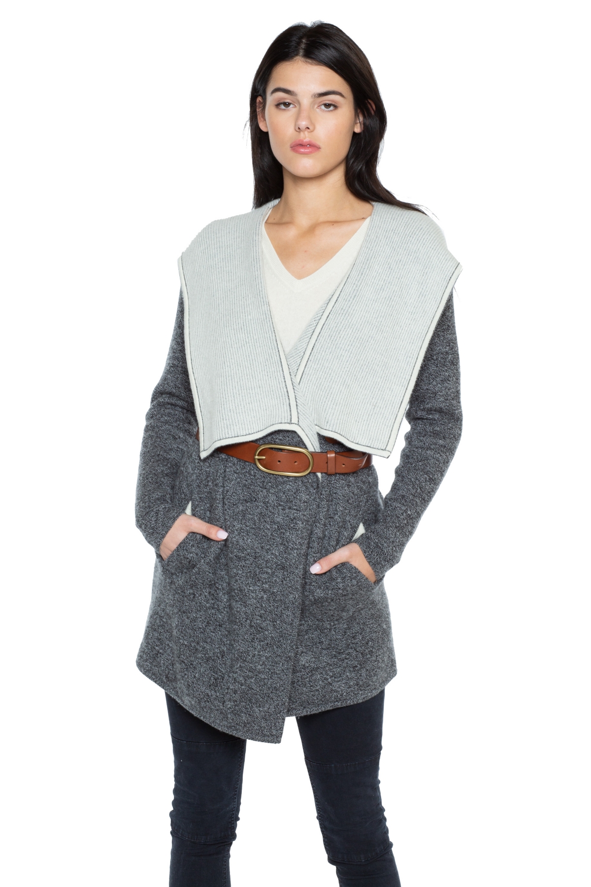 Women's 100% Pure Cashmere Long Sleeve 2-tone Double Face Cascade Open Cardigan Sweater - Marled grey cream