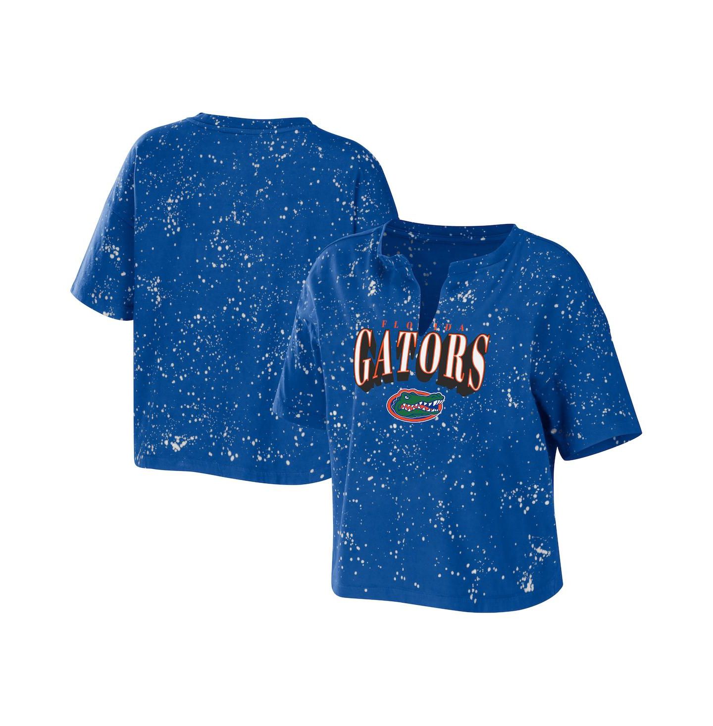 Женская футболка WEAR by Erin Andrews Royal Florida Gators Bleach Wash Splatter Cropped Notch Neck — фото 1