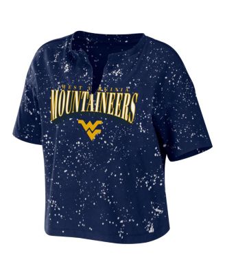 Women's Navy West Virginia Mountaineers Bleach Wash Splatter Cropped Notch Neck T-shirt