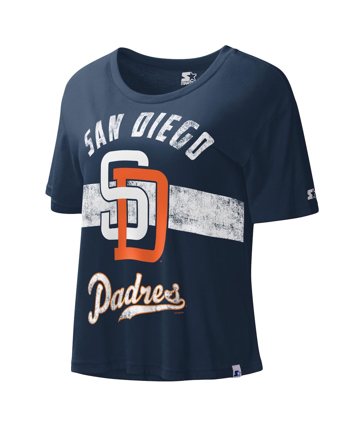 Starter Women's  Navy Distressed San Diego Padres Cooperstown Collection Record Setter Crop Top