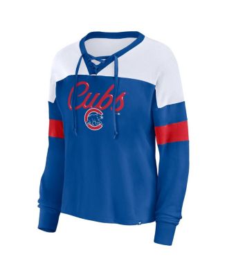 Women's Royal, White Chicago Cubs Even Match Lace-Up Long Sleeve V-Neck T-shirt