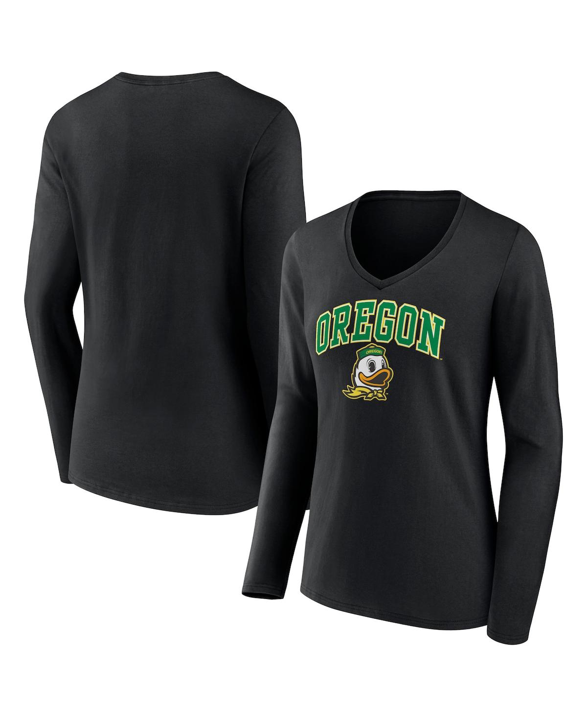 Women's Fanatics Black Oregon Ducks Evergreen Campus Long Sleeve V-Neck T-shirt - Black