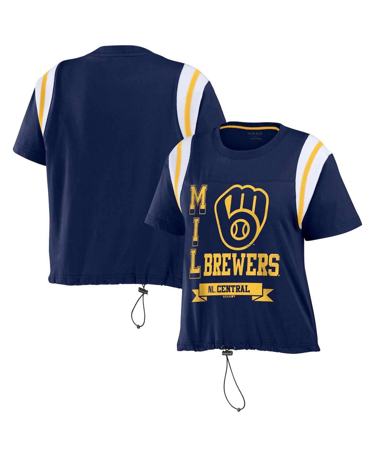 Shop Wear By Erin Andrews Women's  Navy Distressed Milwaukee Brewers Cinched Colorblock T-shirt
