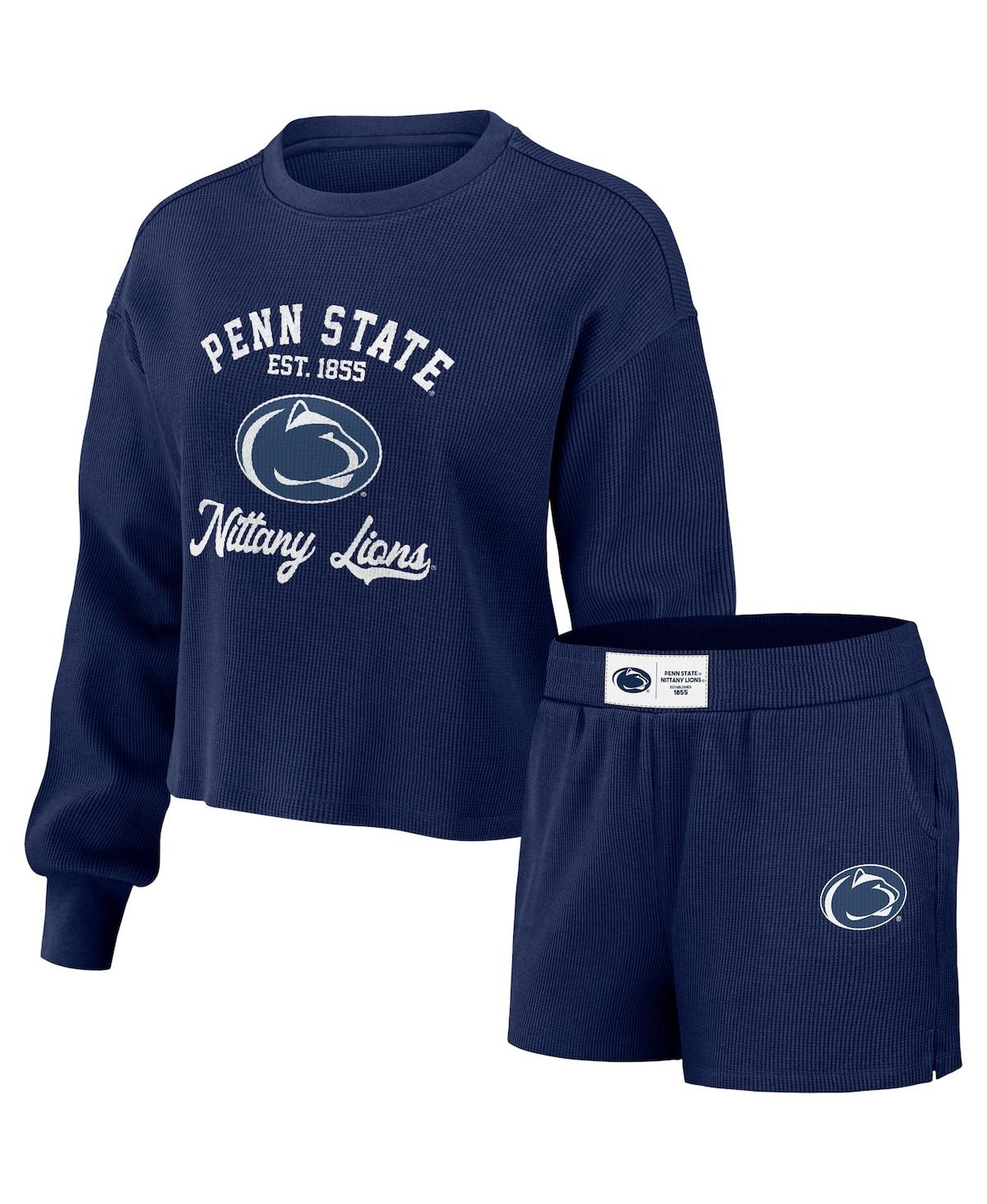 Shop Wear By Erin Andrews Women's  Navy Distressed Penn State Nittany Lions Waffle Knit Long Sleeve T-shir