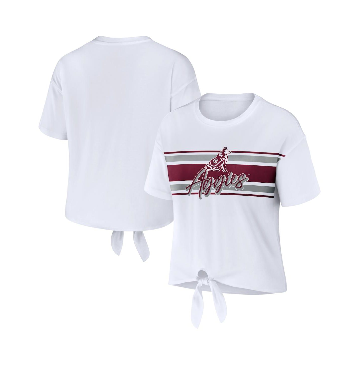 Женская футболка WEAR by Erin Andrews White Texas A&M Aggies Striped Front Knot Cropped — фото 1
