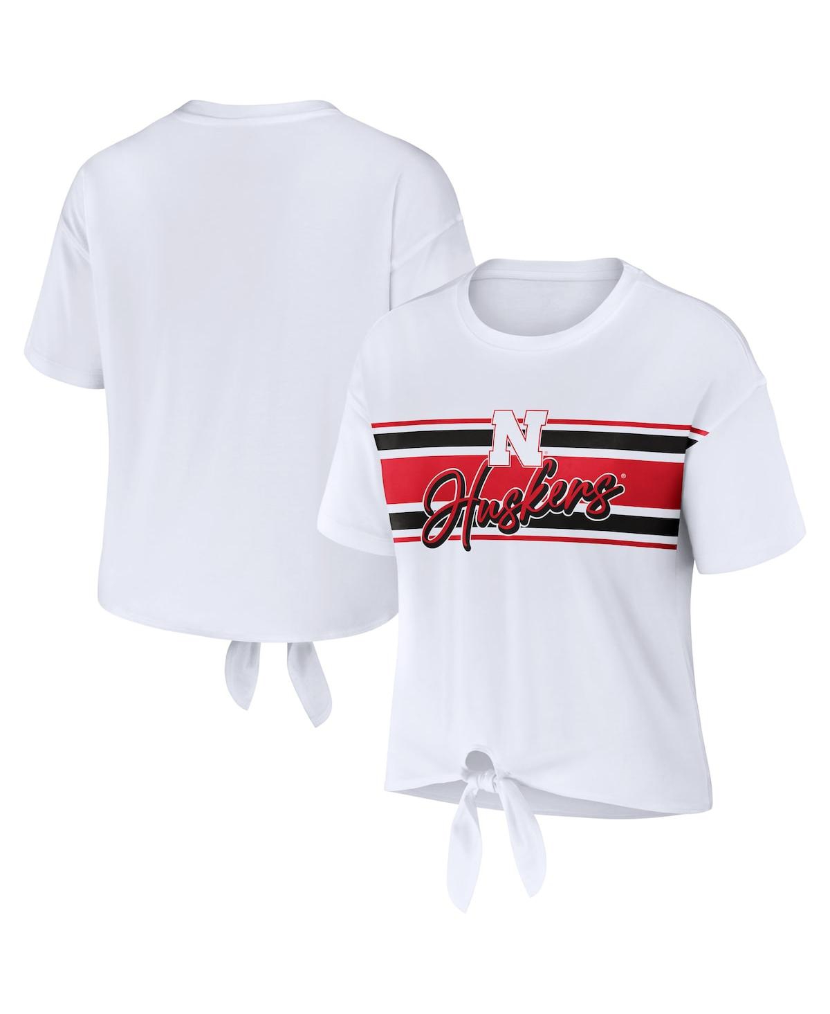 Shop Wear By Erin Andrews Women's  White Nebraska Huskers Striped Front Knot Cropped T-shirt