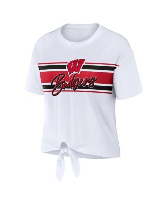 Women's White Wisconsin Badgers Striped Front Knot Cropped T-shirt