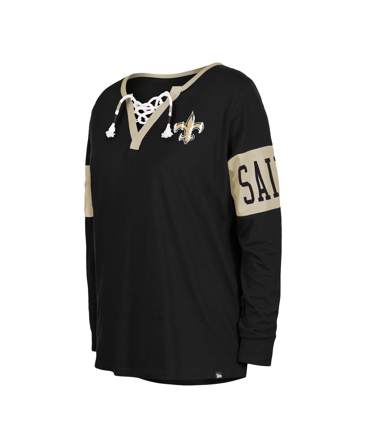 NEW ERA WOMEN'S NEW ERA BLACK NEW ORLEANS SAINTS LACE-UP NOTCH NECK LONG SLEEVE T-SHIRT 
