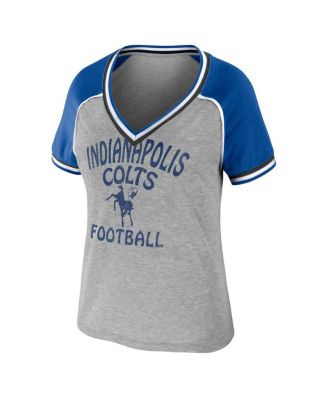 Women's Heather Gray Distressed Indianapolis Colts Throwback Raglan V-Neck T-shirt