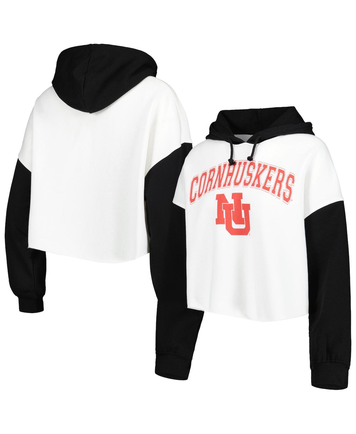 GAMEDAY COUTURE WOMEN'S GAMEDAY COUTURE WHITE, BLACK DISTRESSED NEBRASKA HUSKERS GOOD TIME COLOR BLOCK CROPPED HOODI