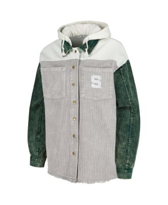 Women's Gray Distressed Michigan State Spartans Vintage-Like Wash Corduroy Full-Snap Hooded Shacket