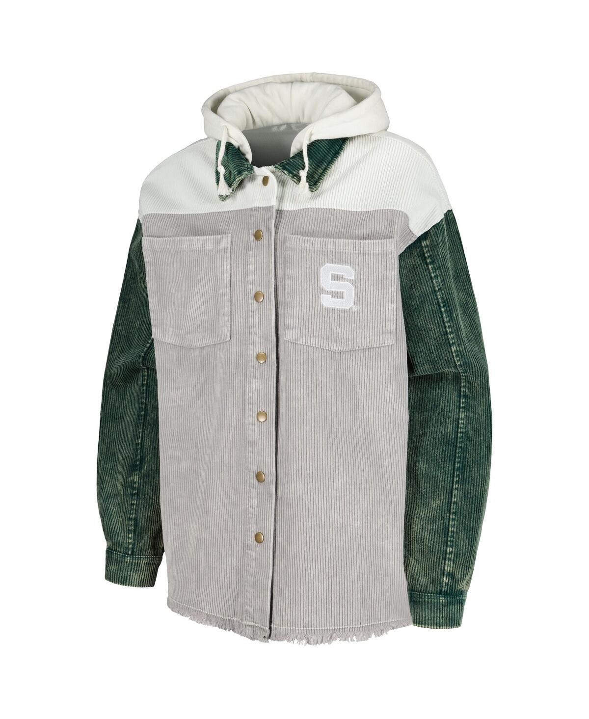 GAMEDAY COUTURE WOMEN'S GAMEDAY COUTURE GRAY DISTRESSED MICHIGAN STATE SPARTANS VINTAGE-LIKE WASH CORDUROY FULL-SNAP 