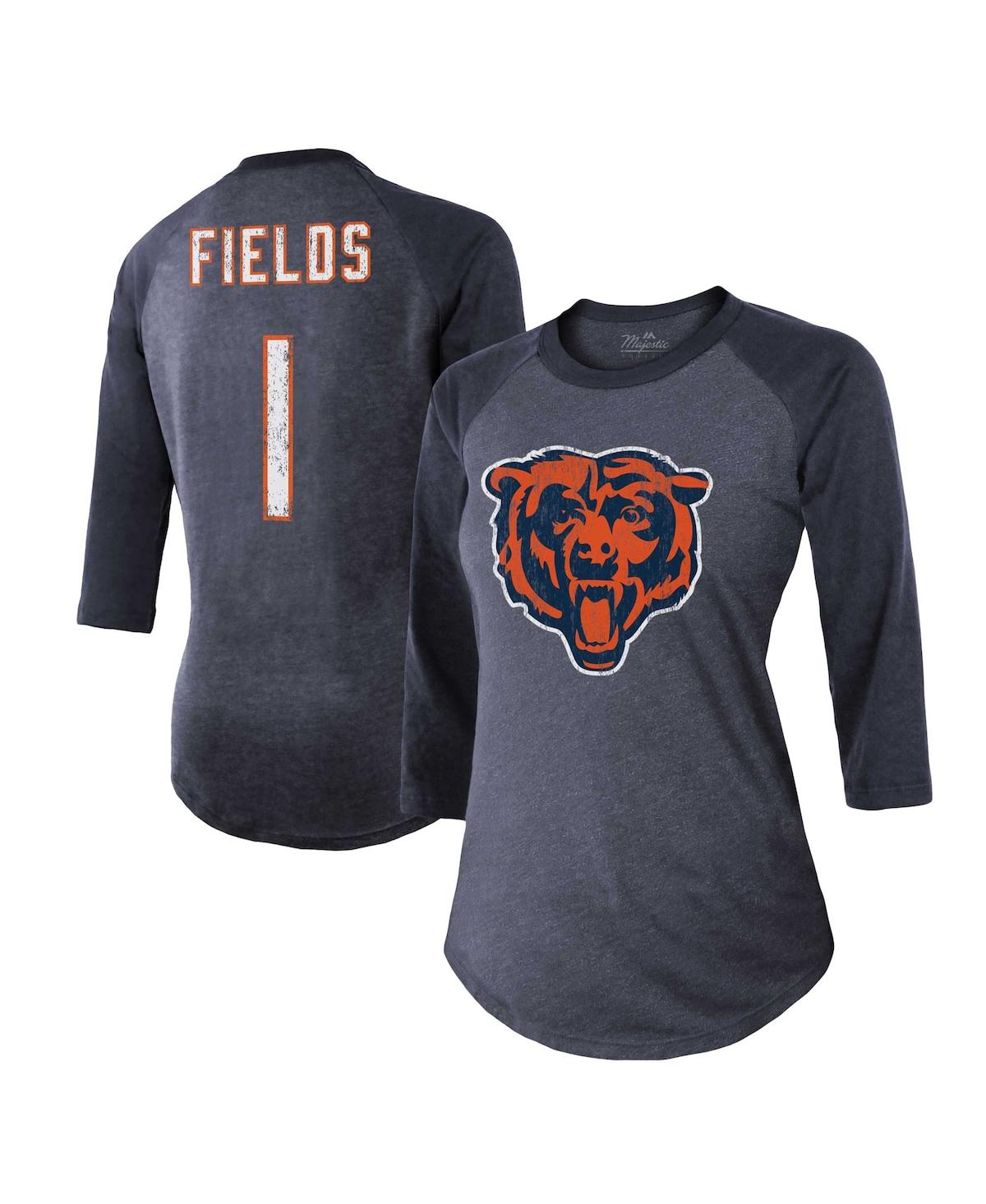 Women's Majestic Threads Justin Fields Navy Distressed Chicago Bears Player Name and Number Tri-Blend 3/4-Sleeve Fitted T-shirt - Navy