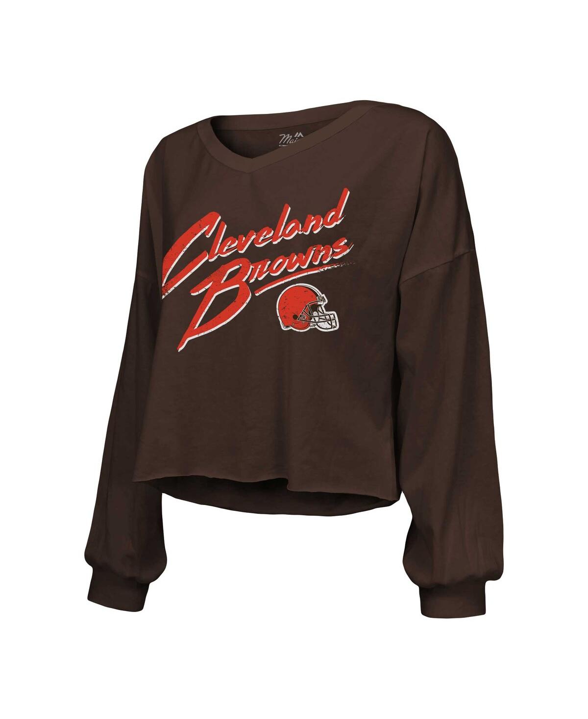 Majestic Threads Nick Chubb Brown Cleveland Browns Name & Number Off-shoulder Script Cropped Long Sl In Brown