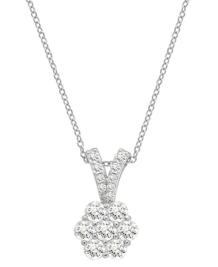 Macy's Diamond Flower Cluster Pendant Necklace (1 ct. t.w.) in 14k White Gold, 16" + 4" extender