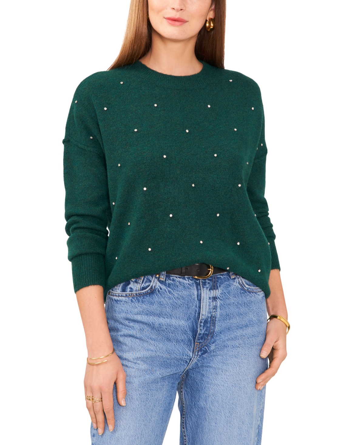 Vince Camuto Women's Rhinestone Studded Drop Shoulder Crewneck Sweater In Wise