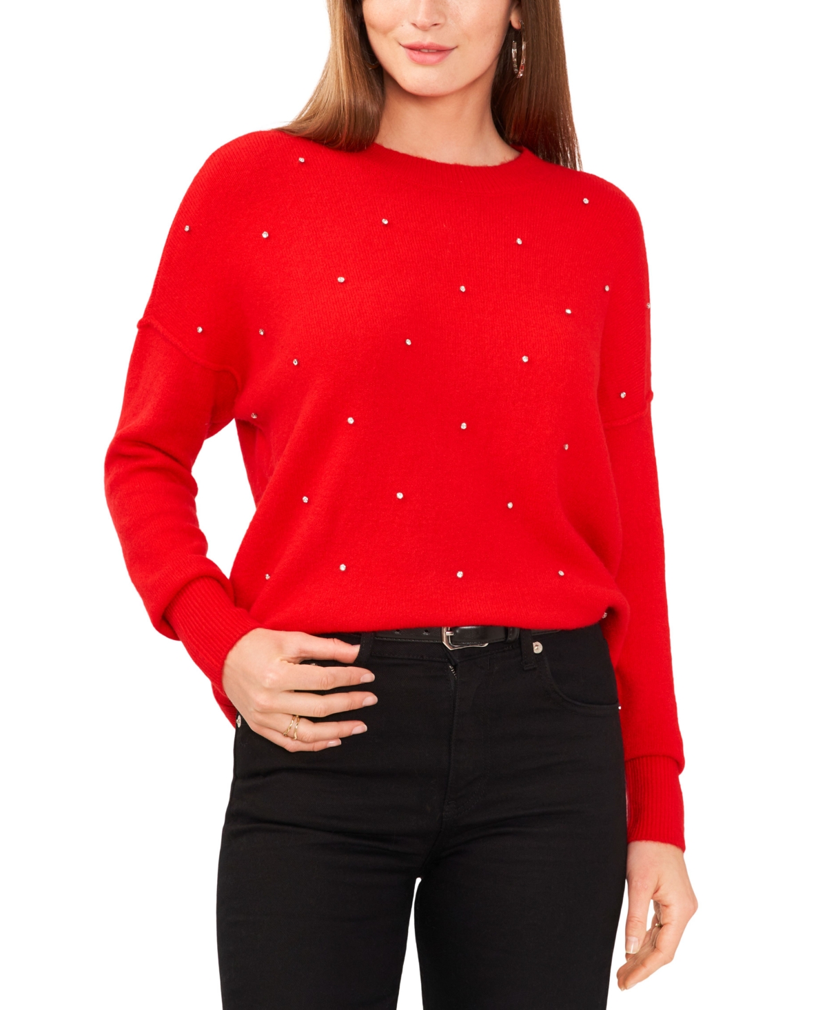Vince Camuto Women's Rhinestone Studded Drop Shoulder Crewneck Sweater In Bright Cherry