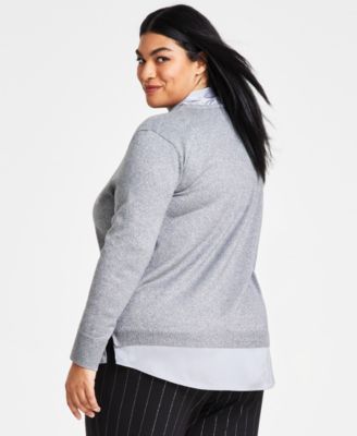Plus Size Layered-Look Metallic-Threaded Sweater