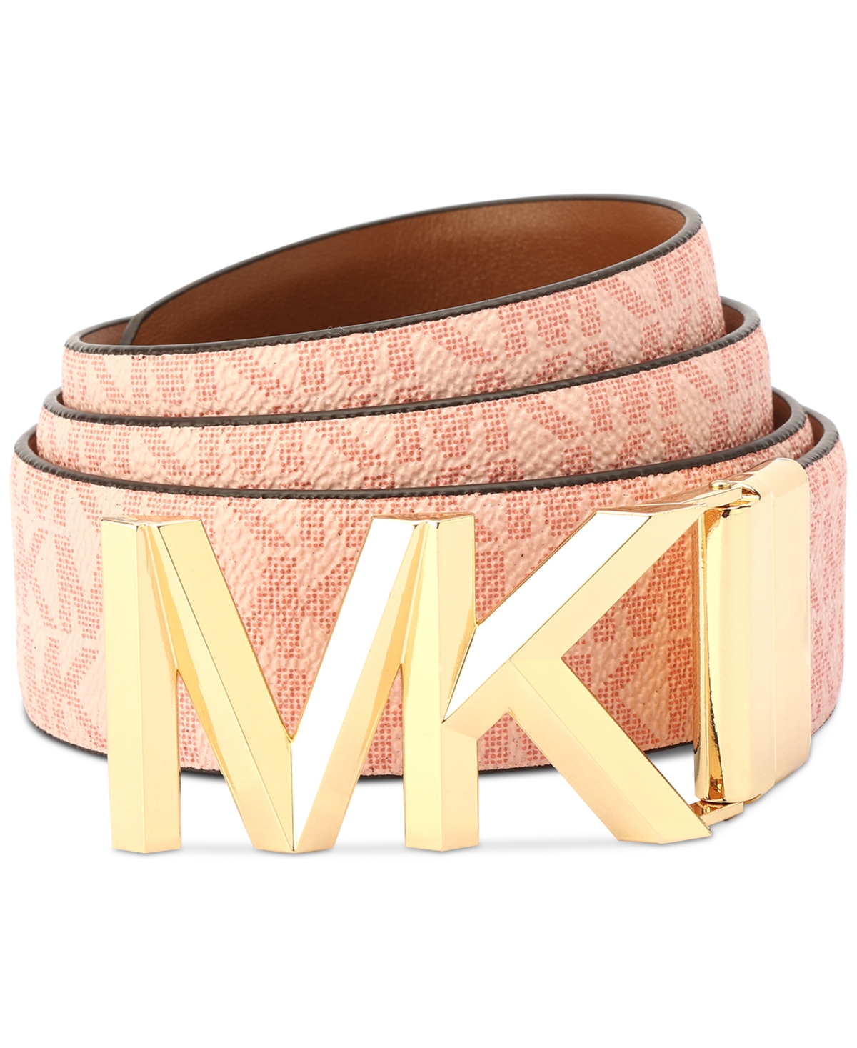 Michael Kors Michael  Women's Leather Reversible Logo Belt In Bright Terracota Rev. Luggage,gold