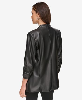 DKNY Women s Ruched 3 4 Sleeve Faux Leather Blazer Macy s