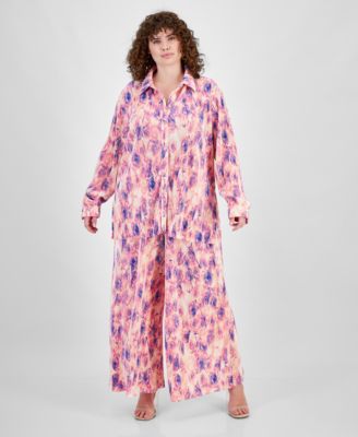 Bar Iii Plus Size Printed Button Down Plisse Top Printed Pull On Wide Leg Plisse Pants Created For Macys In Riley Rose